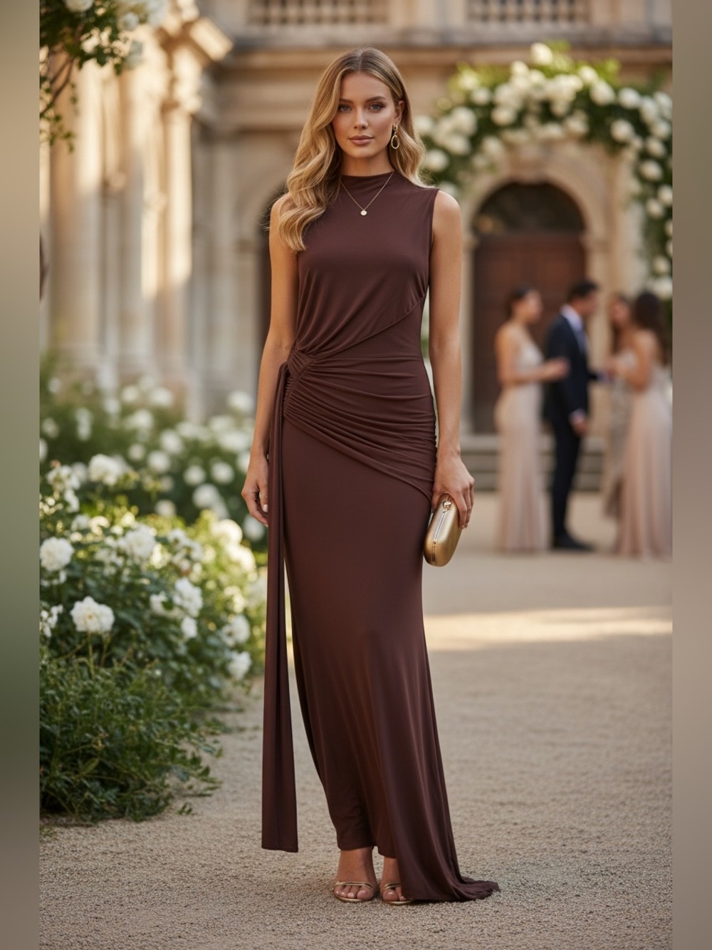 Revolve More to Come Brown Maxi Dress with Side Drape